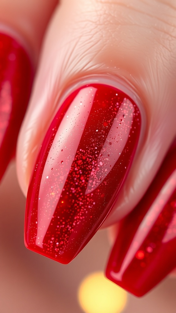 Close-up of winter Christmas cat eye nails in red with glitter, set against a background of blurred Christmas lights.